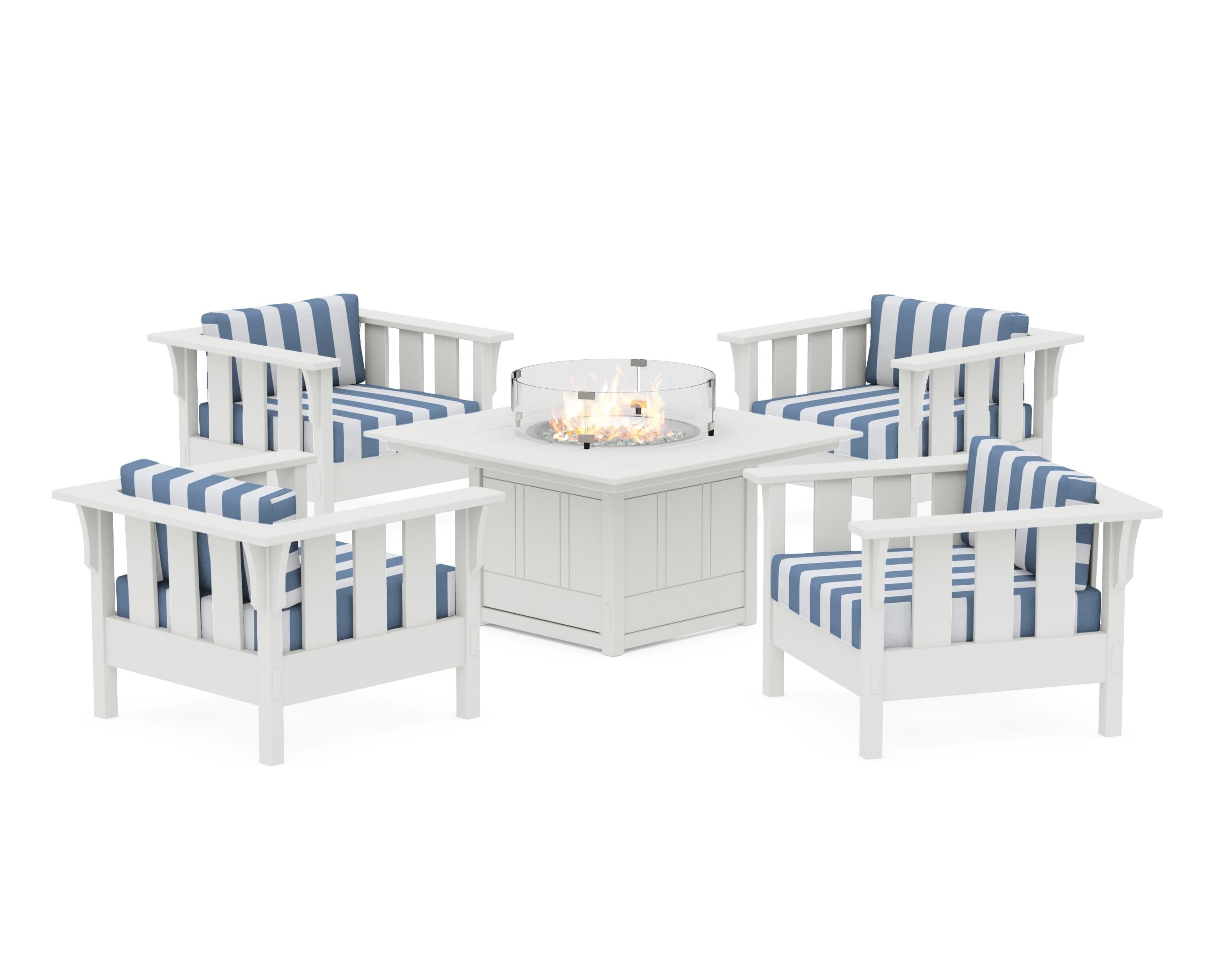 Martha Stewart by POLYWOOD® Acadia 5-Piece Deep Seating Set with Fire Pit Table in White / Cabana Stripe Sky Blue