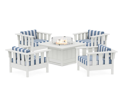 Martha Stewart by POLYWOOD® Acadia 5-Piece Deep Seating Set with Fire Pit Table in White / Cabana Stripe Sky Blue