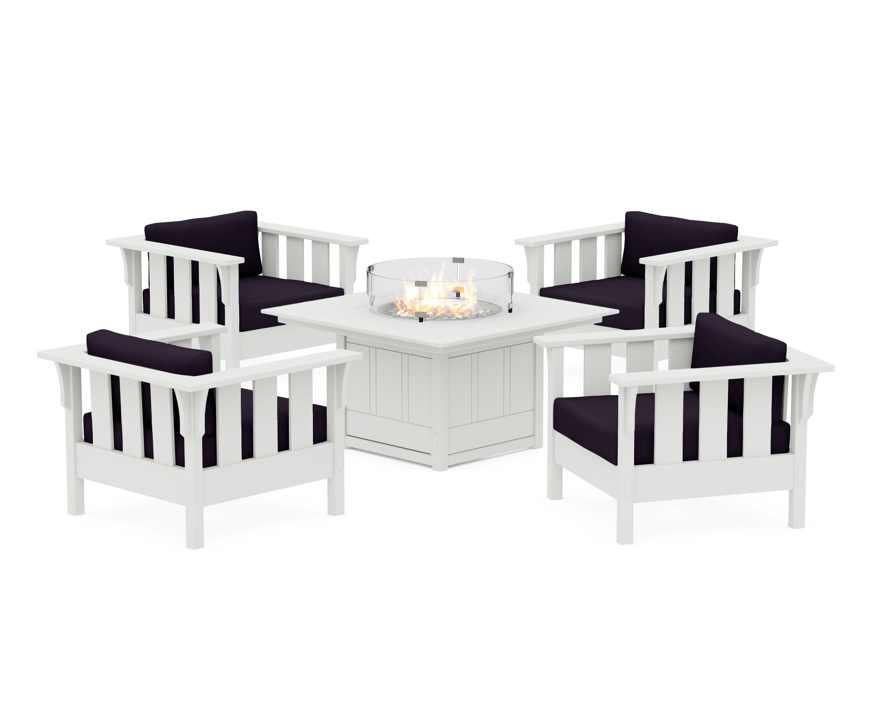 Martha Stewart by POLYWOOD® Acadia 5-Piece Deep Seating Set with Fire Pit Table in White / Navy Linen