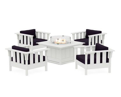 Martha Stewart by POLYWOOD® Acadia 5-Piece Deep Seating Set with Fire Pit Table in White / Navy Linen