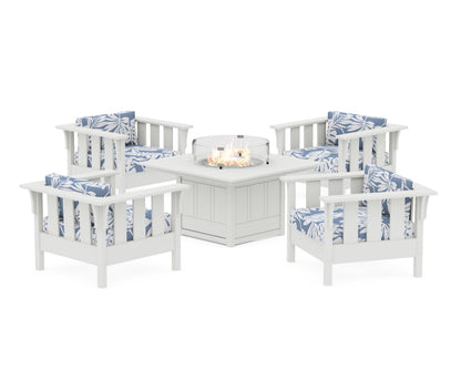 Martha Stewart by POLYWOOD® Acadia 5-Piece Deep Seating Set with Fire Pit Table in White / Leaf Sky Blue