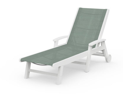 POLYWOOD® Coastal Chaise with Wheels in White / Dupioni Sea Mist Sling
