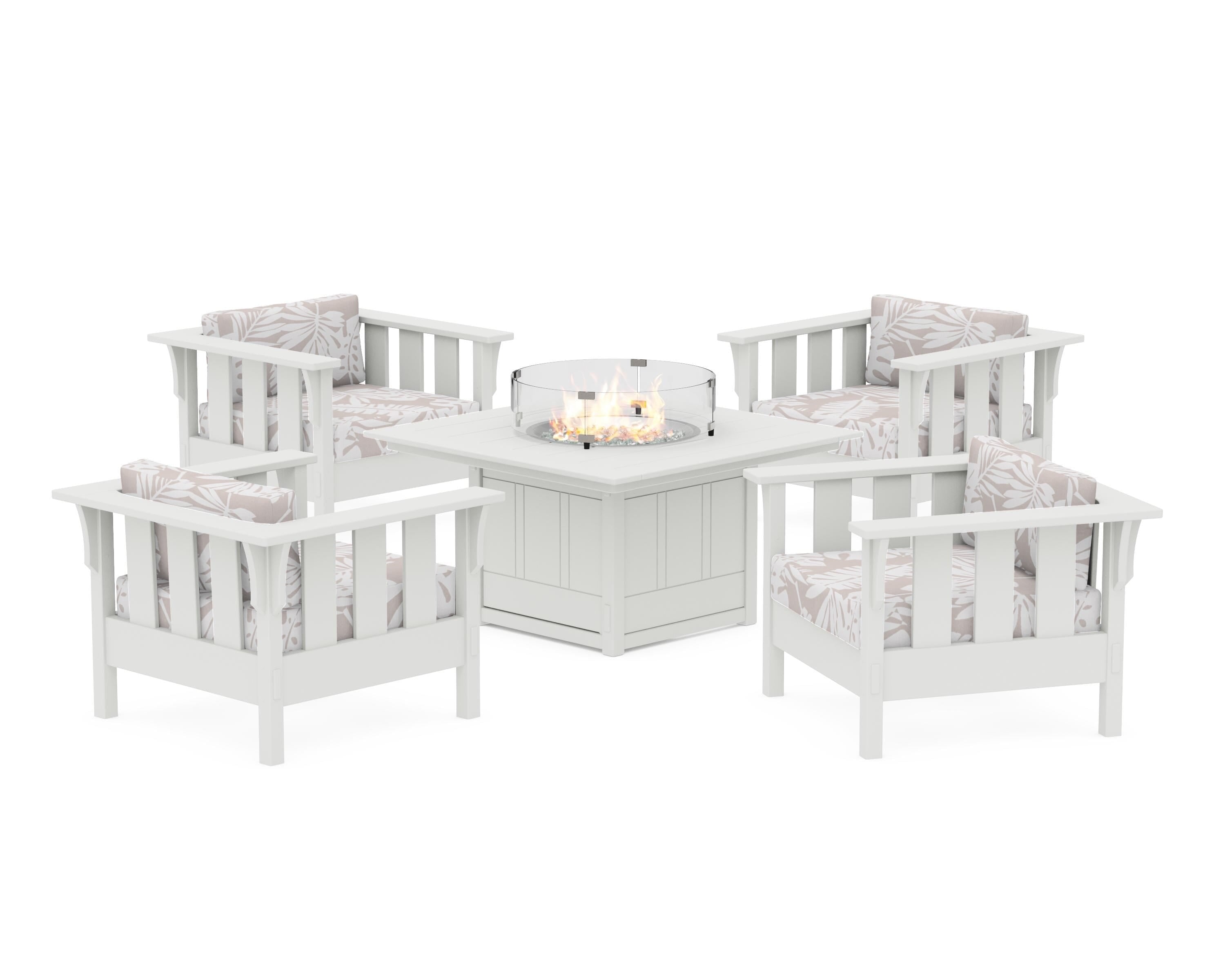 Martha Stewart by POLYWOOD® Acadia 5-Piece Deep Seating Set with Fire Pit Table in White / Leaf Dune Burlap