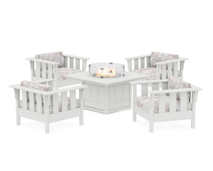 Martha Stewart by POLYWOOD® Acadia 5-Piece Deep Seating Set with Fire Pit Table in White / Leaf Dune Burlap