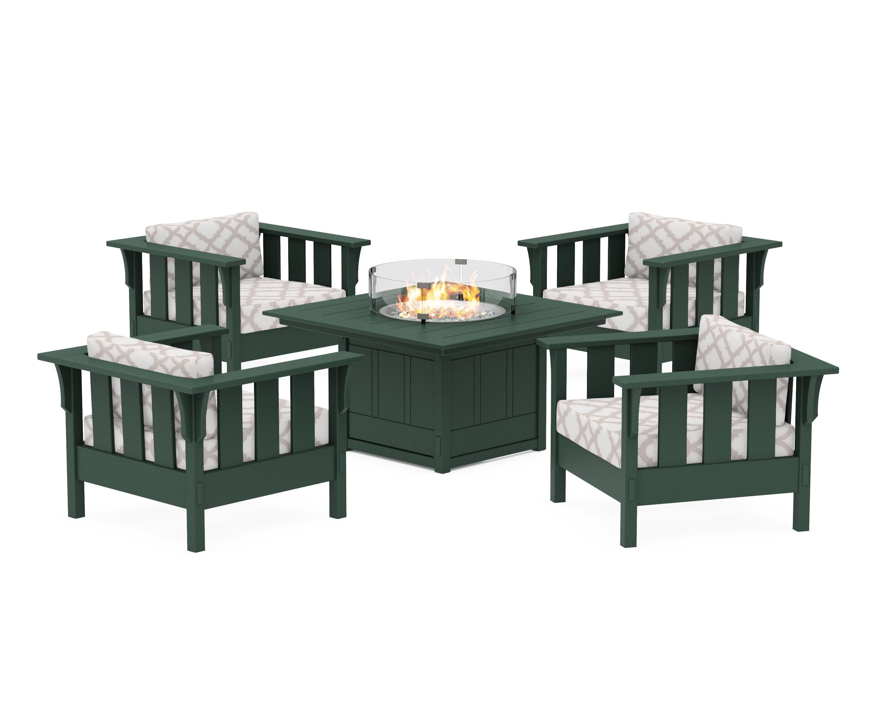 Martha Stewart by POLYWOOD® Acadia 5-Piece Deep Seating Set with Fire Pit Table in Green / Trellis Dune Burlap