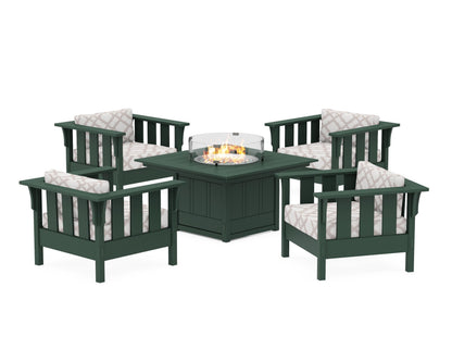 Martha Stewart by POLYWOOD® Acadia 5-Piece Deep Seating Set with Fire Pit Table in Green / Trellis Dune Burlap