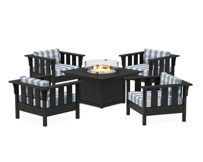 Martha Stewart by POLYWOOD® Acadia 5-Piece Deep Seating Set with Fire Pit Table in Black / Buffalo Plaid Sky Blue
