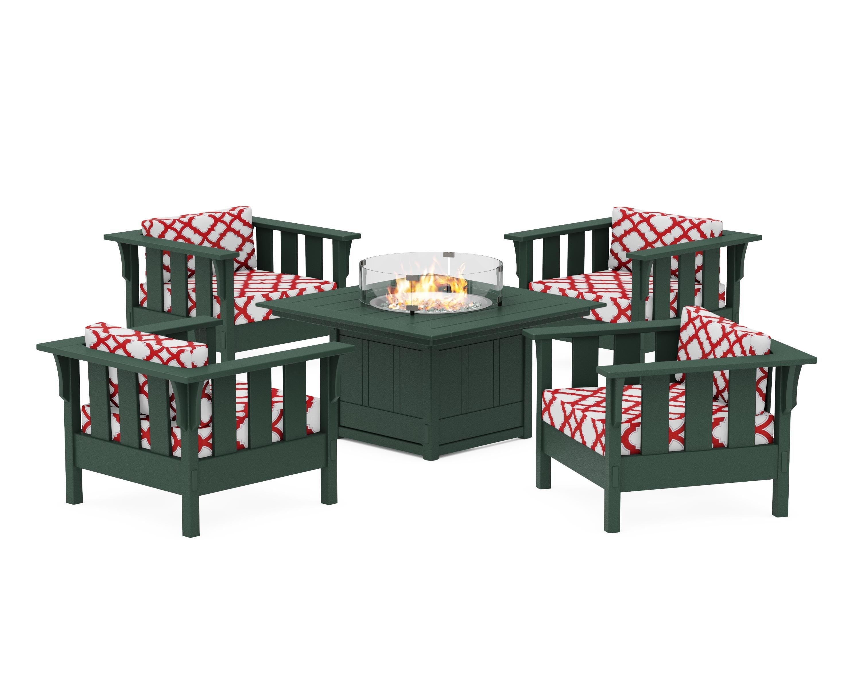 Martha Stewart by POLYWOOD® Acadia 5-Piece Deep Seating Set with Fire Pit Table in Green / Trellis Crimson