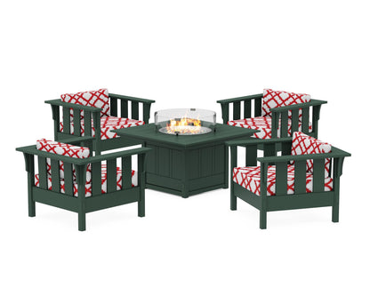 Martha Stewart by POLYWOOD® Acadia 5-Piece Deep Seating Set with Fire Pit Table in Green / Trellis Crimson