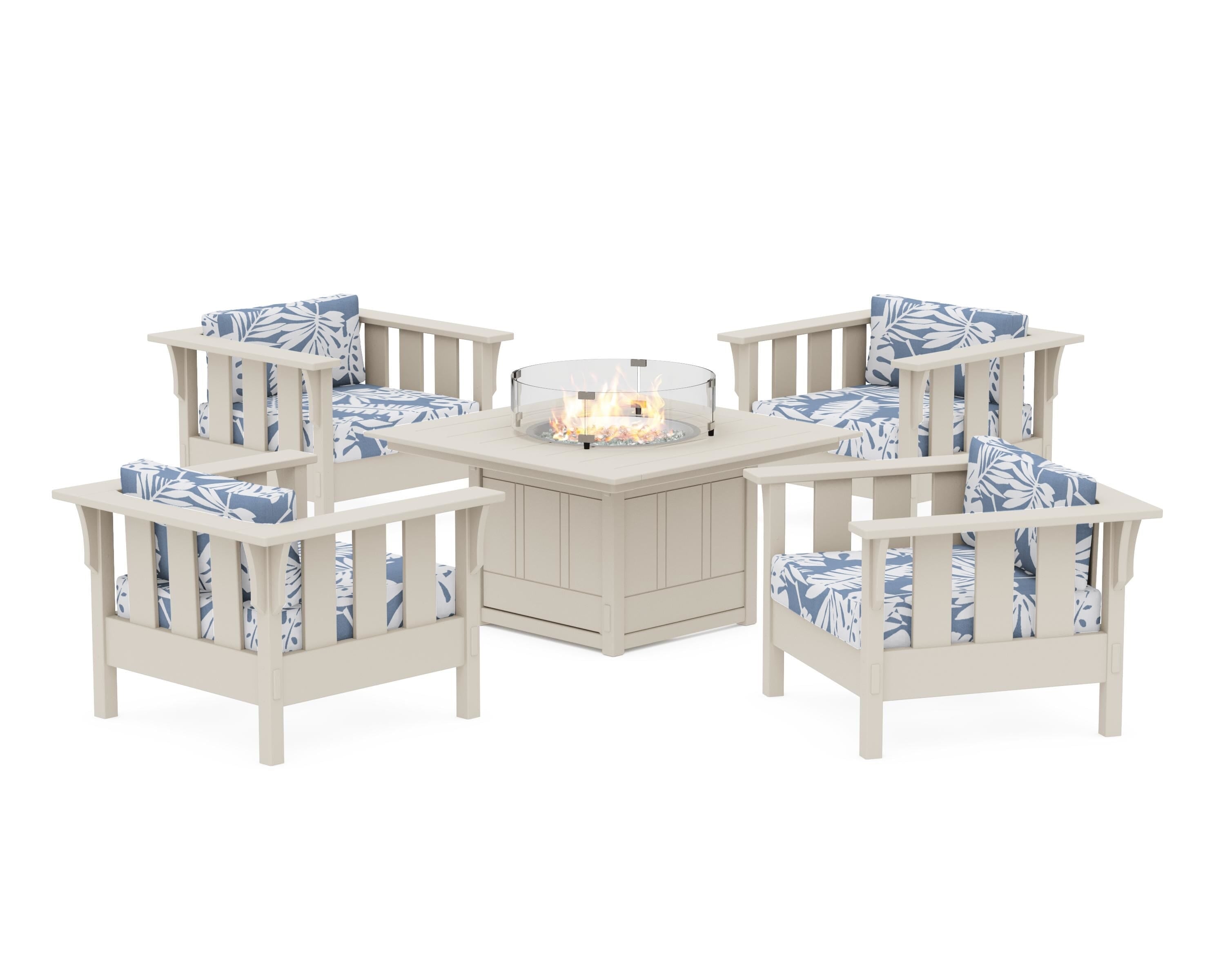 Martha Stewart by POLYWOOD® Acadia 5-Piece Deep Seating Set with Fire Pit Table in Sand / Leaf Sky Blue