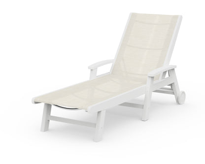 POLYWOOD® Coastal Chaise with Wheels in White / Parchment Sling