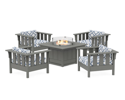 Martha Stewart by POLYWOOD® Acadia 5-Piece Deep Seating Set with Fire Pit Table in Slate Grey / Trellis Sky Blue