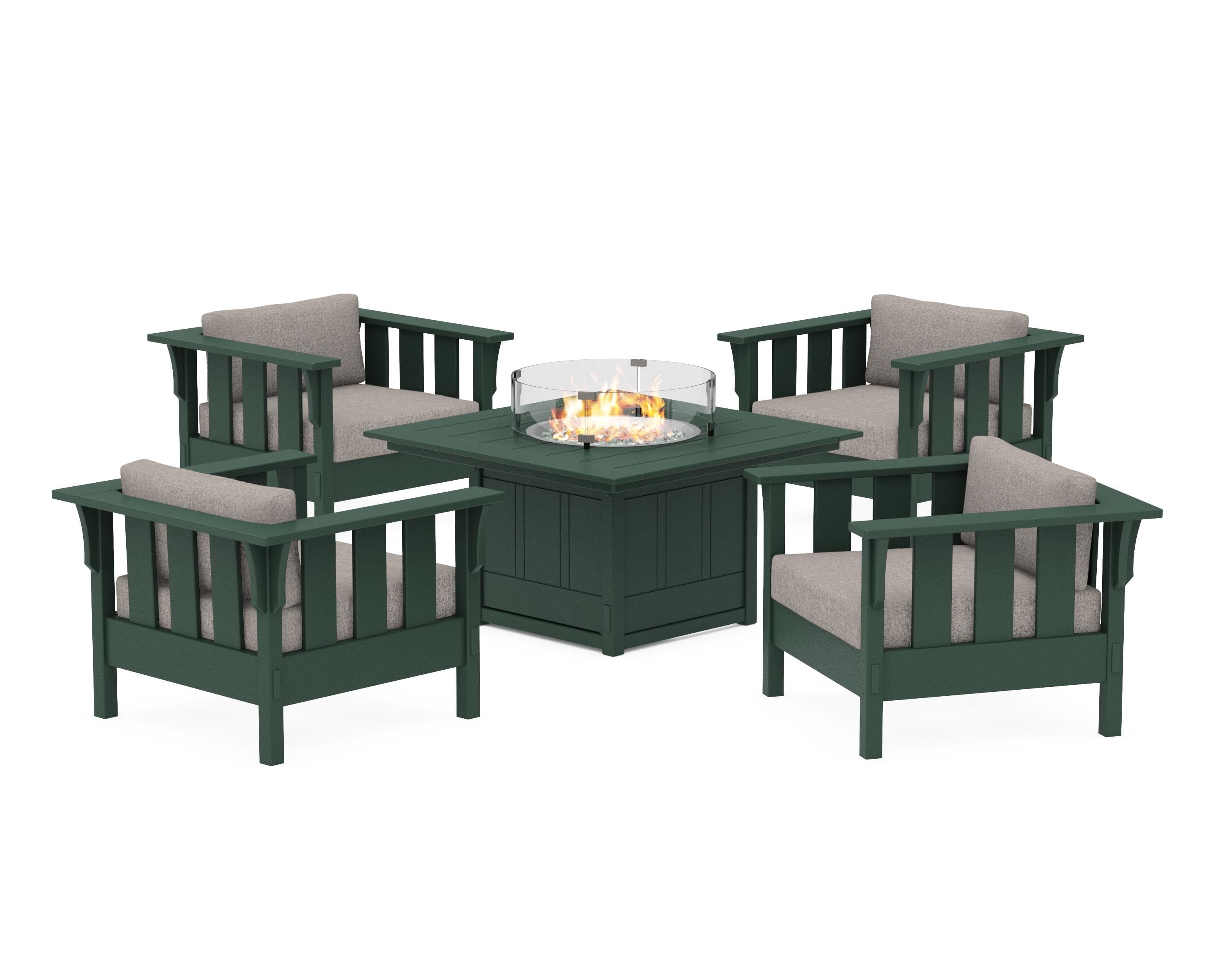 Martha Stewart by POLYWOOD® Acadia 5-Piece Deep Seating Set with Fire Pit Table in Green / Weathered Tweed