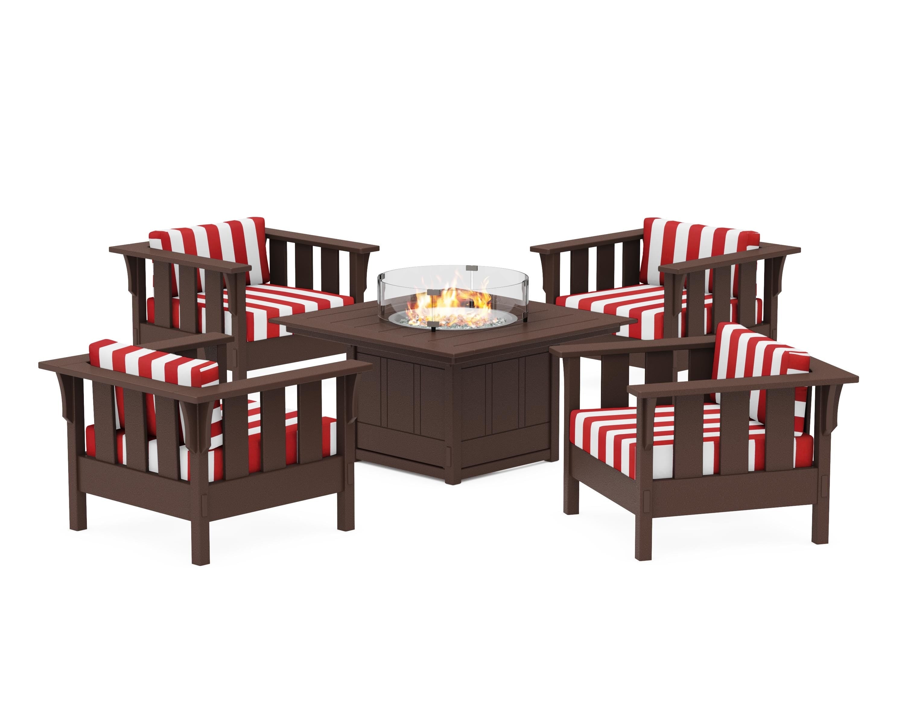 Martha Stewart by POLYWOOD® Acadia 5-Piece Deep Seating Set with Fire Pit Table in Mahogany / Cabana Stripe Crimson