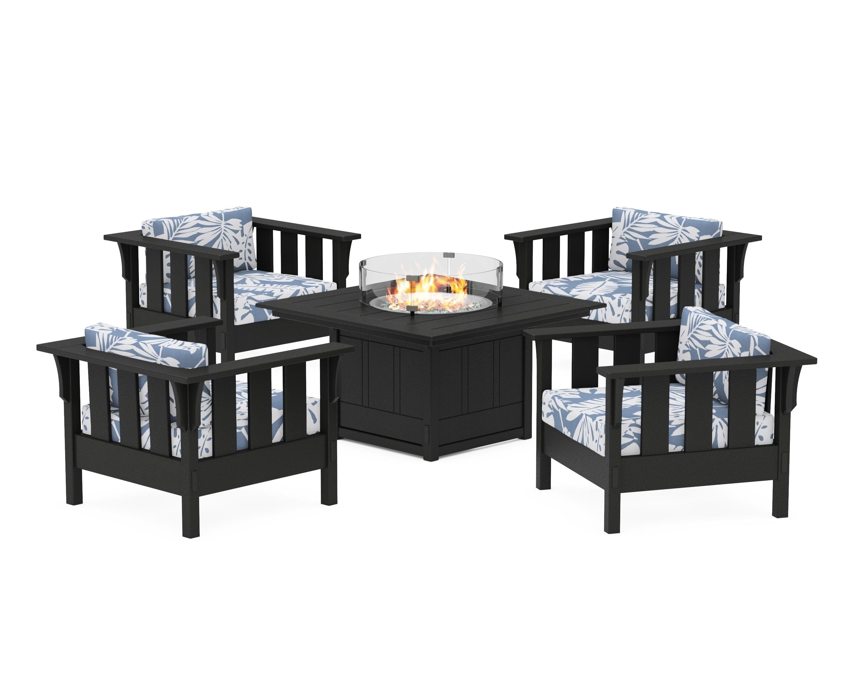 Martha Stewart by POLYWOOD® Acadia 5-Piece Deep Seating Set with Fire Pit Table in Black / Leaf Sky Blue