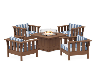 Martha Stewart by POLYWOOD® Acadia 5-Piece Deep Seating Set with Fire Pit Table in Teak / Cabana Stripe Sky Blue