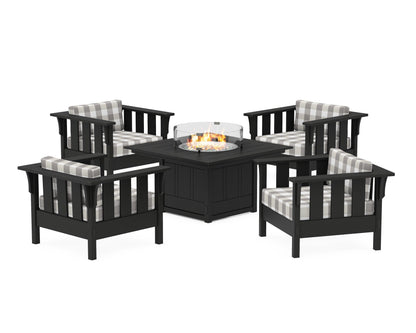Martha Stewart by POLYWOOD® Acadia 5-Piece Deep Seating Set with Fire Pit Table in Black / Buffalo Plaid Grey Mist