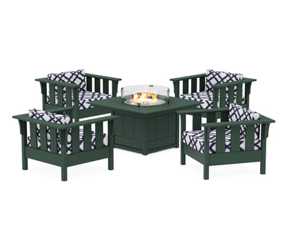 Martha Stewart by POLYWOOD® Acadia 5-Piece Deep Seating Set with Fire Pit Table in Green / Trellis Navy