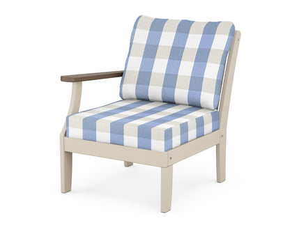 POLYWOOD® Braxton Modular Left Arm Chair in Sand / Kona / Buffalo Plaid Sky Blue