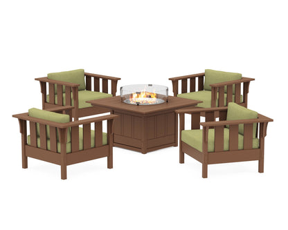 Martha Stewart by POLYWOOD® Acadia 5-Piece Deep Seating Set with Fire Pit Table in Teak / Chartreuse Boucle