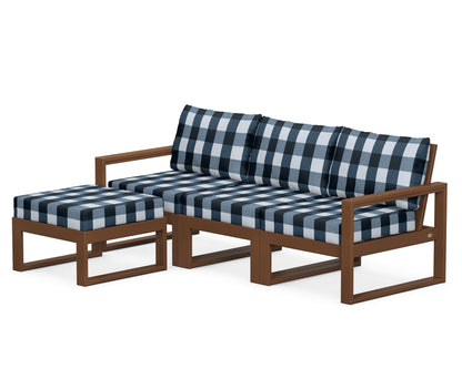 POLYWOOD® EDGE 4-Piece Modular Deep Seating Set with Ottoman in Teak / Buffalo Plaid Marine Indigo
