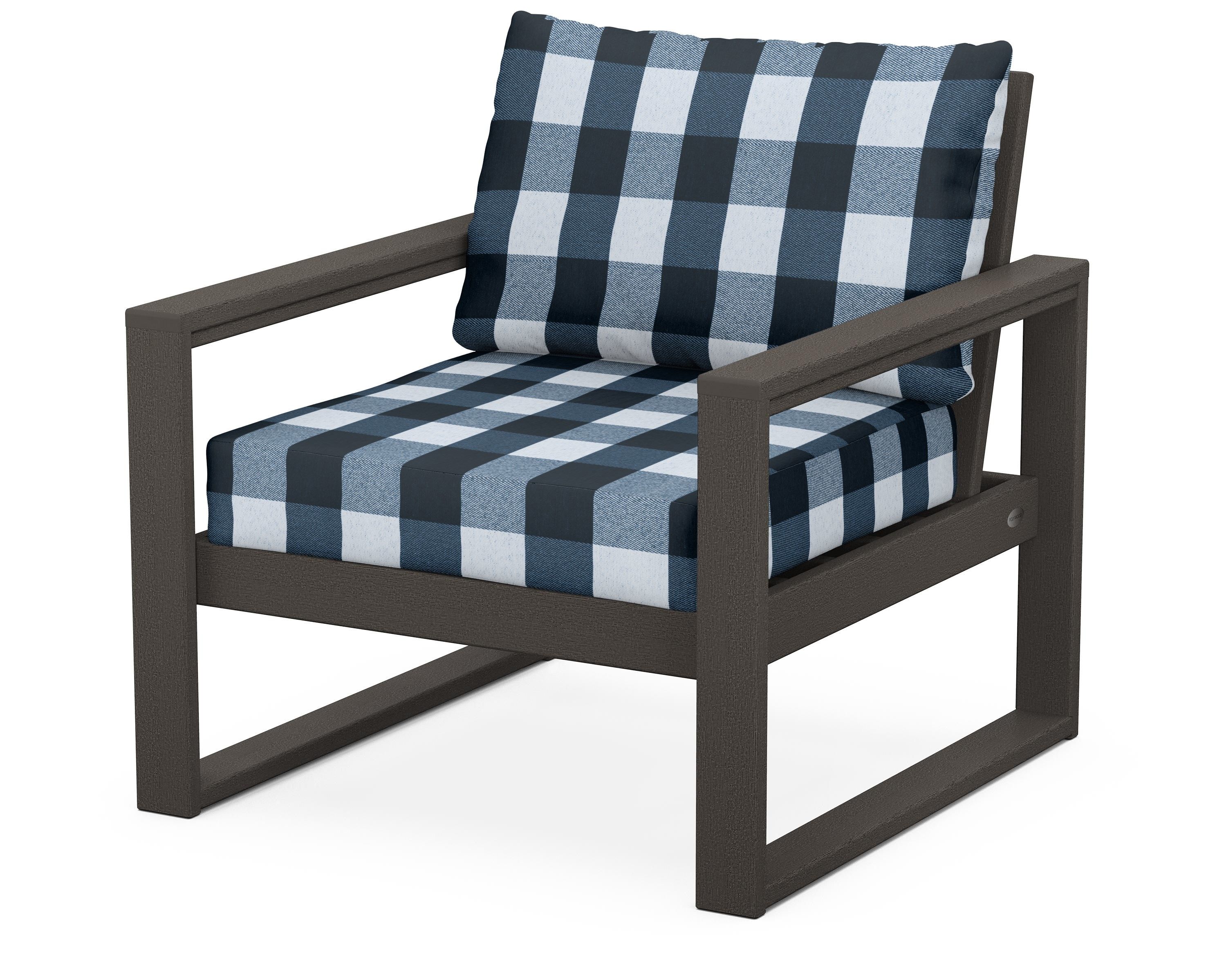 POLYWOOD® EDGE Club Chair in Vintage Coffee / Buffalo Plaid Marine Indigo