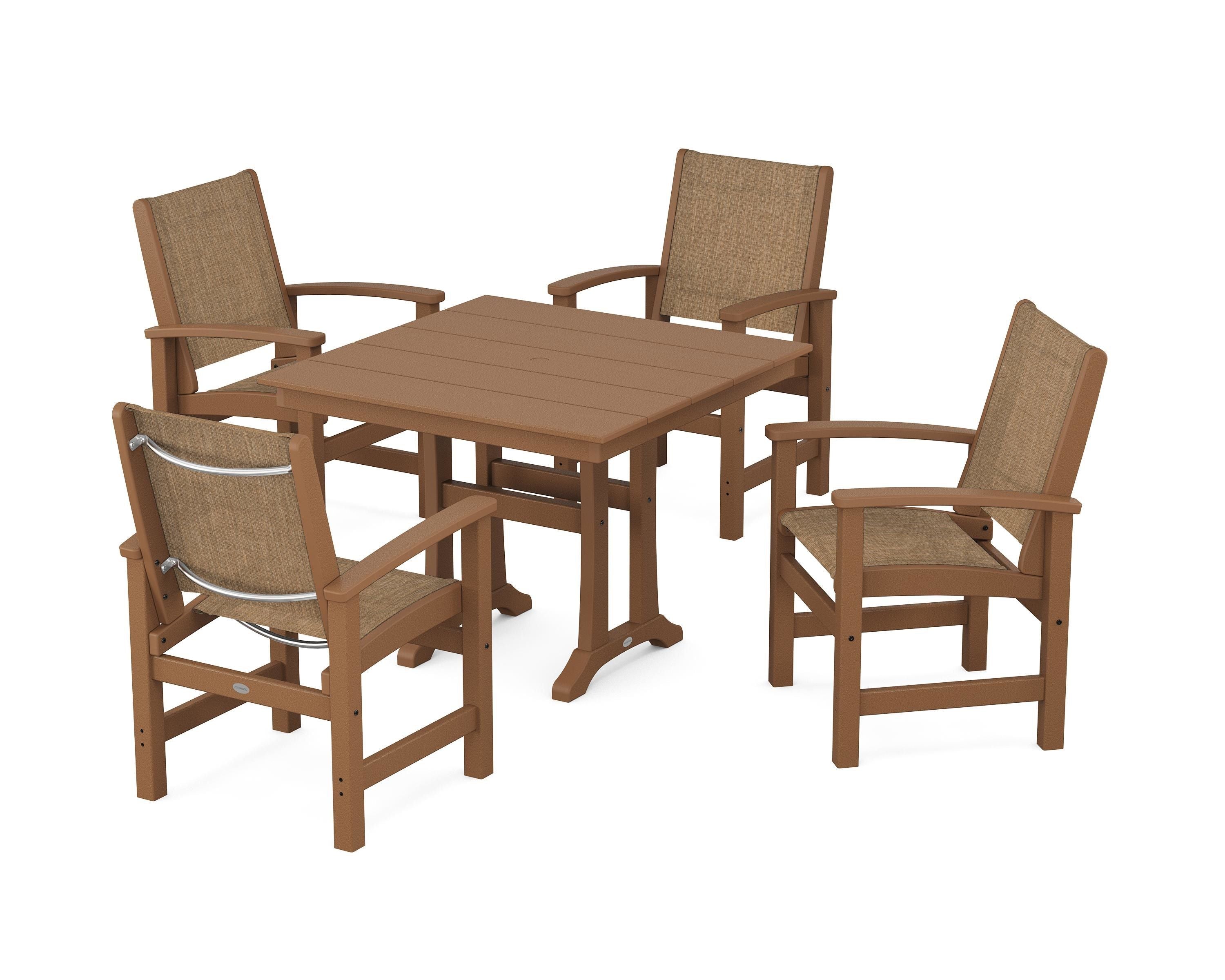 POLYWOOD® Coastal 5-Piece Farmhouse Dining Set With Trestle Legs in Teak / Burlap Sling