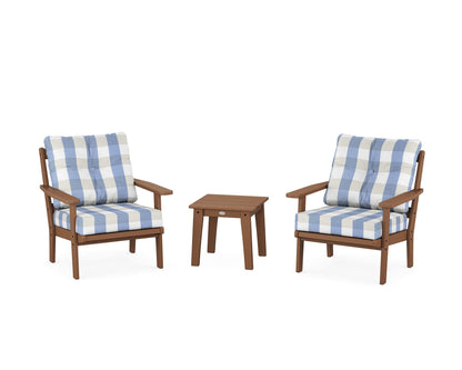POLYWOOD® Prairie 3-Piece Deep Seating Set in Teak / Buffalo Plaid Sky Blue