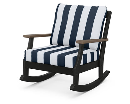 POLYWOOD® Braxton Deep Seating Rocking Chair in Black / Kona / Cabana Stripe Marine Indigo