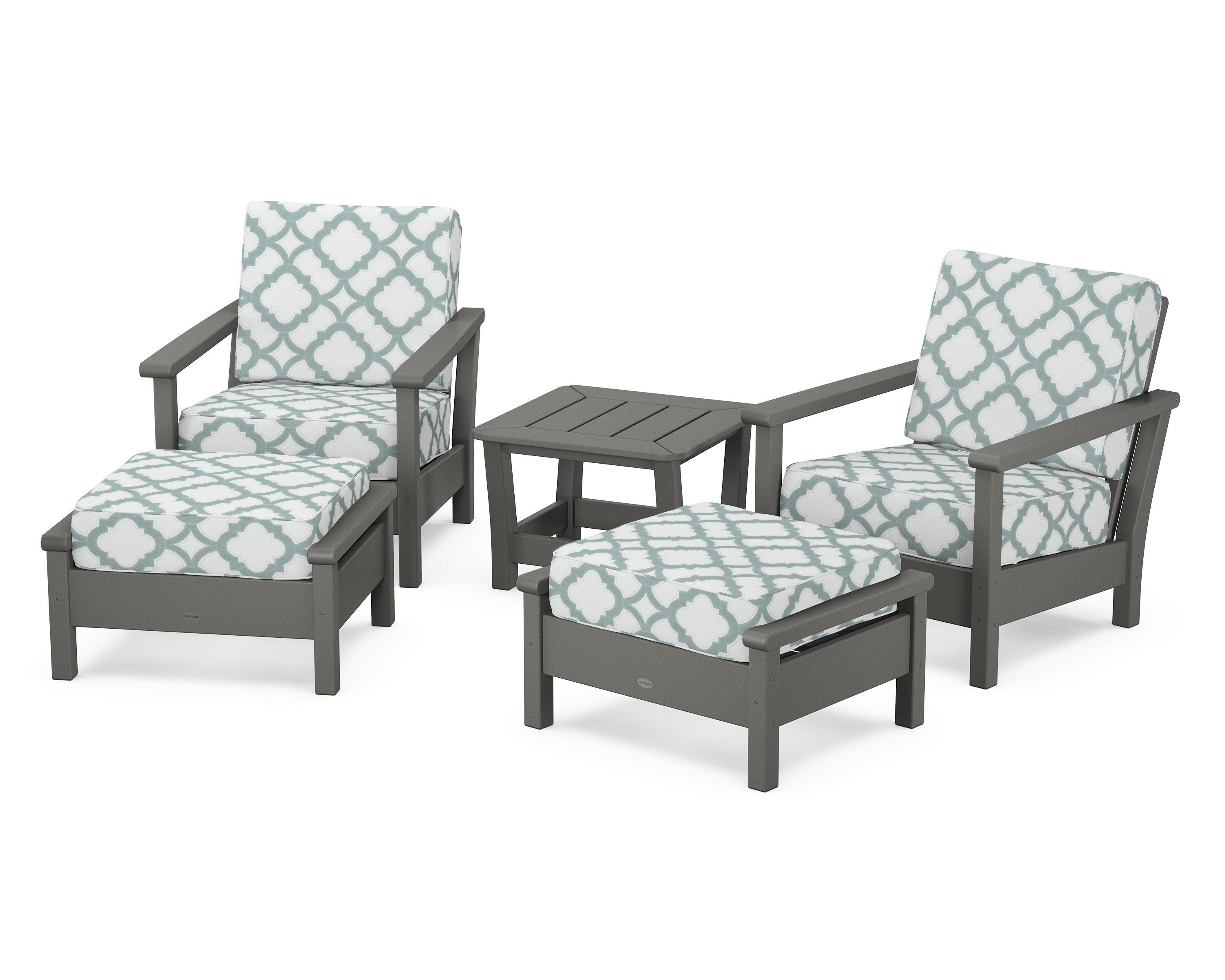 POLYWOOD® Harbour 5-Piece Deep Seating Chair Set in Slate Grey / Trellis Glacier Spa