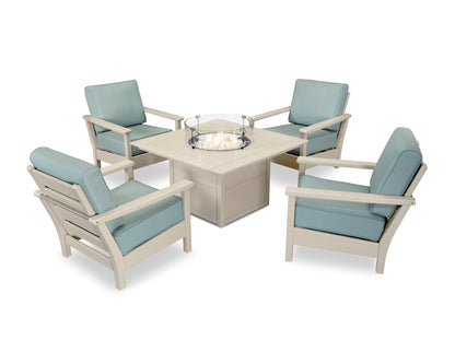 POLYWOOD® Harbour 5-Piece Conversation Set with Fire Pit Table in Sand / Spa