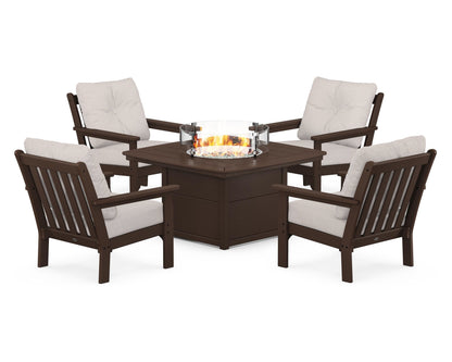 POLYWOOD® Vineyard 5-Piece Conversation Set with Fire Pit Table in Mahogany / Dune Burlap