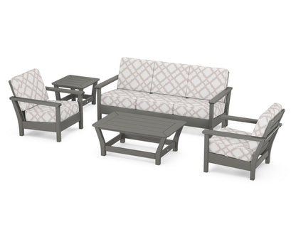 POLYWOOD® Harbour 5-Piece Deep Seating Set in Slate Grey / Trellis Dune Burlap