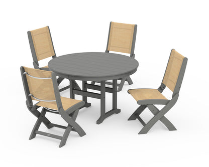 POLYWOOD® Coastal Folding Side Chair 5-Piece Round Dining Set in Slate Grey / Dupioni Apricot Sling