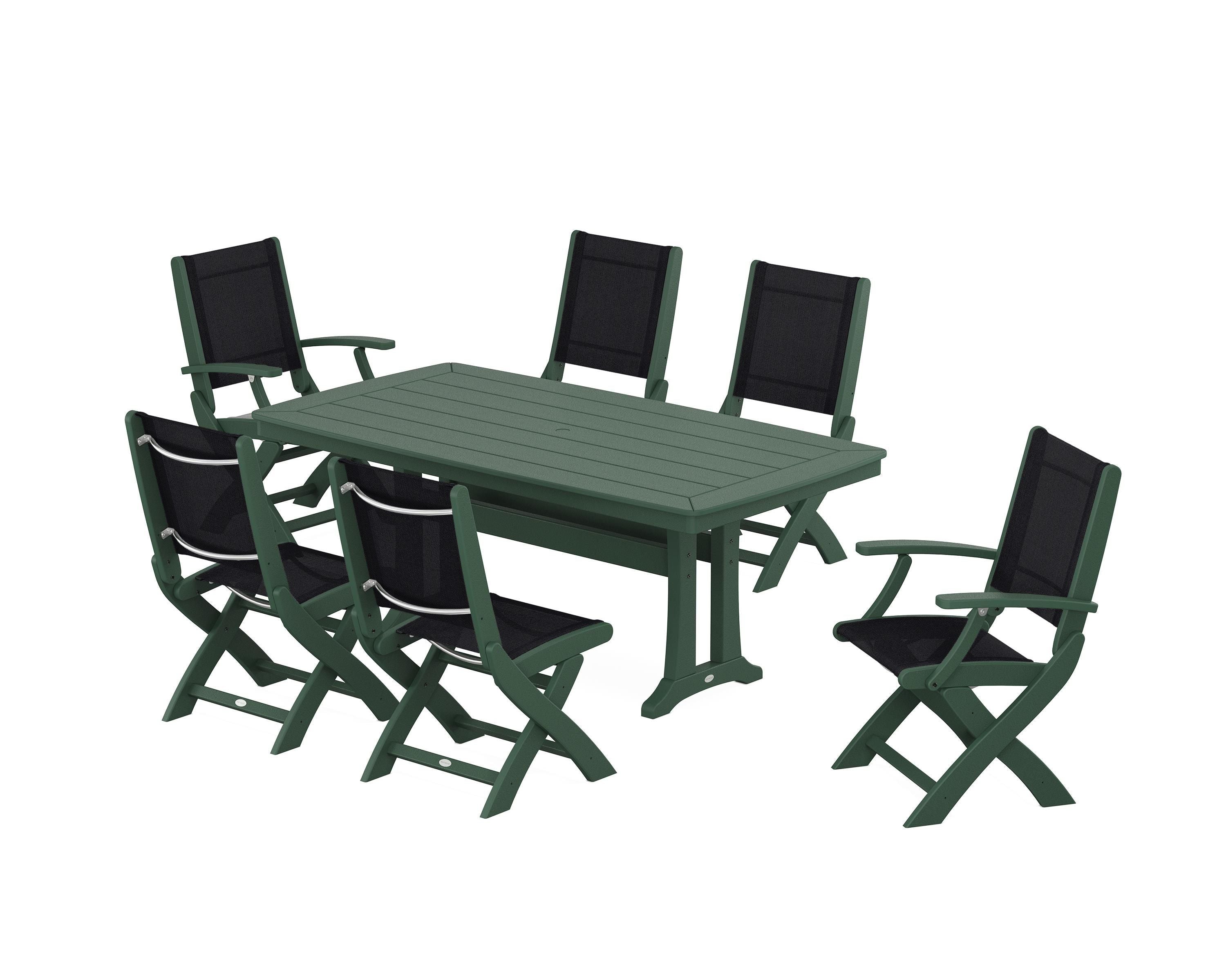 POLYWOOD® Coastal Folding Chair 7-Piece Dining Set with Trestle Legs in Green / Black Sling
