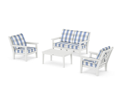 POLYWOOD® Chippendale 4-Piece Deep Seating Set with Loveseat in White / Buffalo Plaid Sky Blue