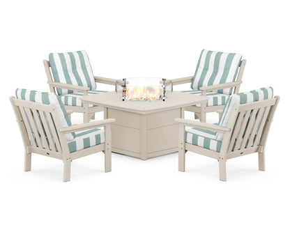 POLYWOOD® Vineyard 5-Piece Conversation Set with Fire Pit Table in Sand / Cabana Stripe Glacier Spa