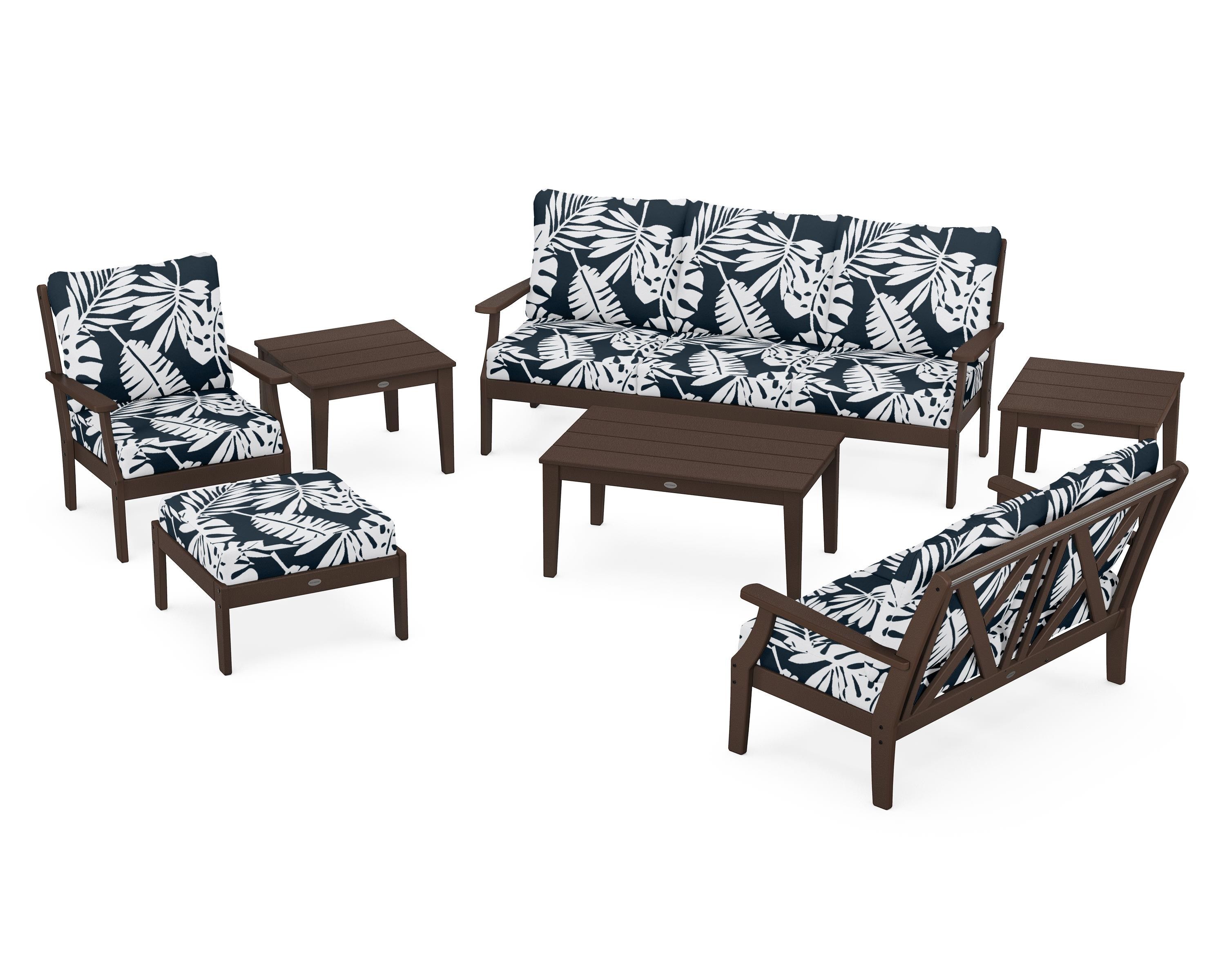 POLYWOOD® Braxton 7-Piece Deep Seating Set in Mahogany / Leaf Marine Indigo