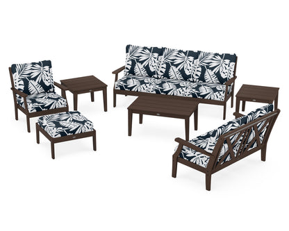 POLYWOOD® Braxton 7-Piece Deep Seating Set in Mahogany / Leaf Marine Indigo