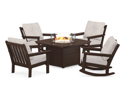 POLYWOOD® Vineyard 5-Piece Deep Seating Rocking Chair Conversation Set with Fire Pit Table in Mahogany / Dune Burlap