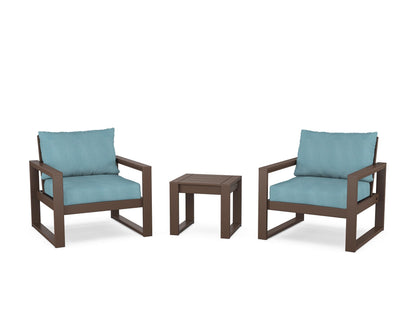 POLYWOOD® EDGE Sectional 3-Piece Deep Seating Set in Mahogany / Lattice Sky Blue