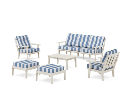 POLYWOOD® Oxford 6-Piece Lounge Sofa Set in Sand / Cabana Stripe Sky Blue
