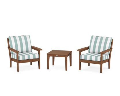 Country Living Cottage 3-Piece Deep Seating Set in Teak / Cabana Stripe Glacier Spa