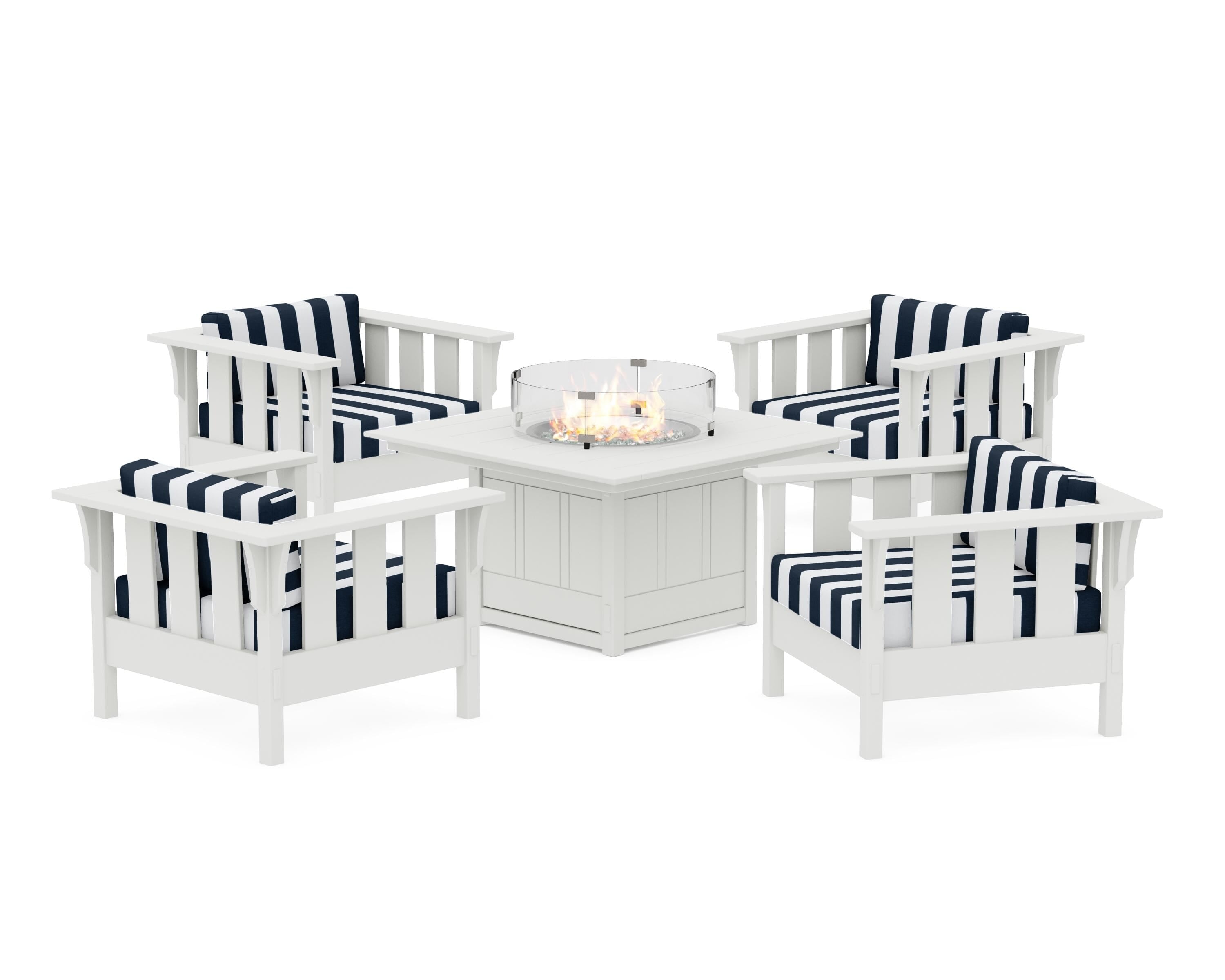 Martha Stewart by POLYWOOD® Acadia 5-Piece Deep Seating Set with Fire Pit Table in White / Cabana Stripe Marine Indigo