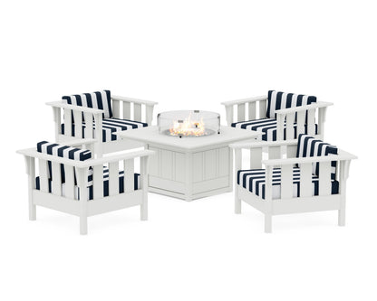 Martha Stewart by POLYWOOD® Acadia 5-Piece Deep Seating Set with Fire Pit Table in White / Cabana Stripe Marine Indigo