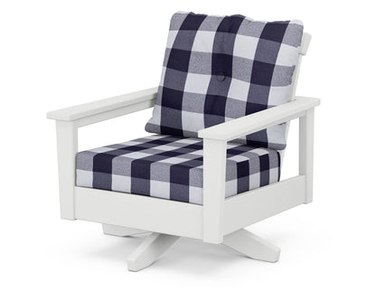 POLYWOOD® Prescott Deep Seating Swivel Chair in White / Buffalo Plaid Navy