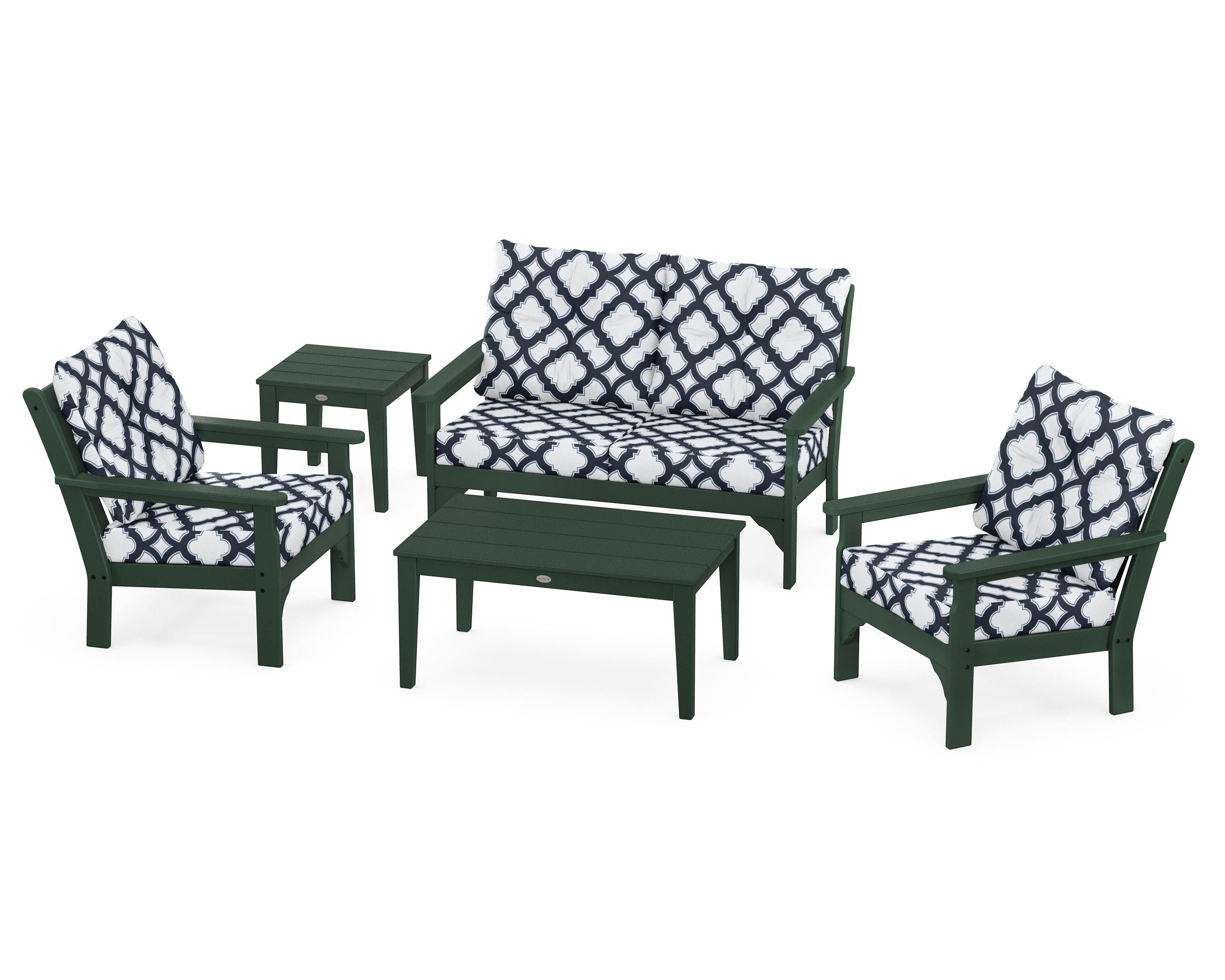 POLYWOOD® Vineyard 5-Piece Deep Seating Set in Green / Trellis Marine Indigo