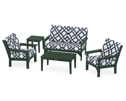POLYWOOD® Vineyard 5-Piece Deep Seating Set in Green / Trellis Marine Indigo