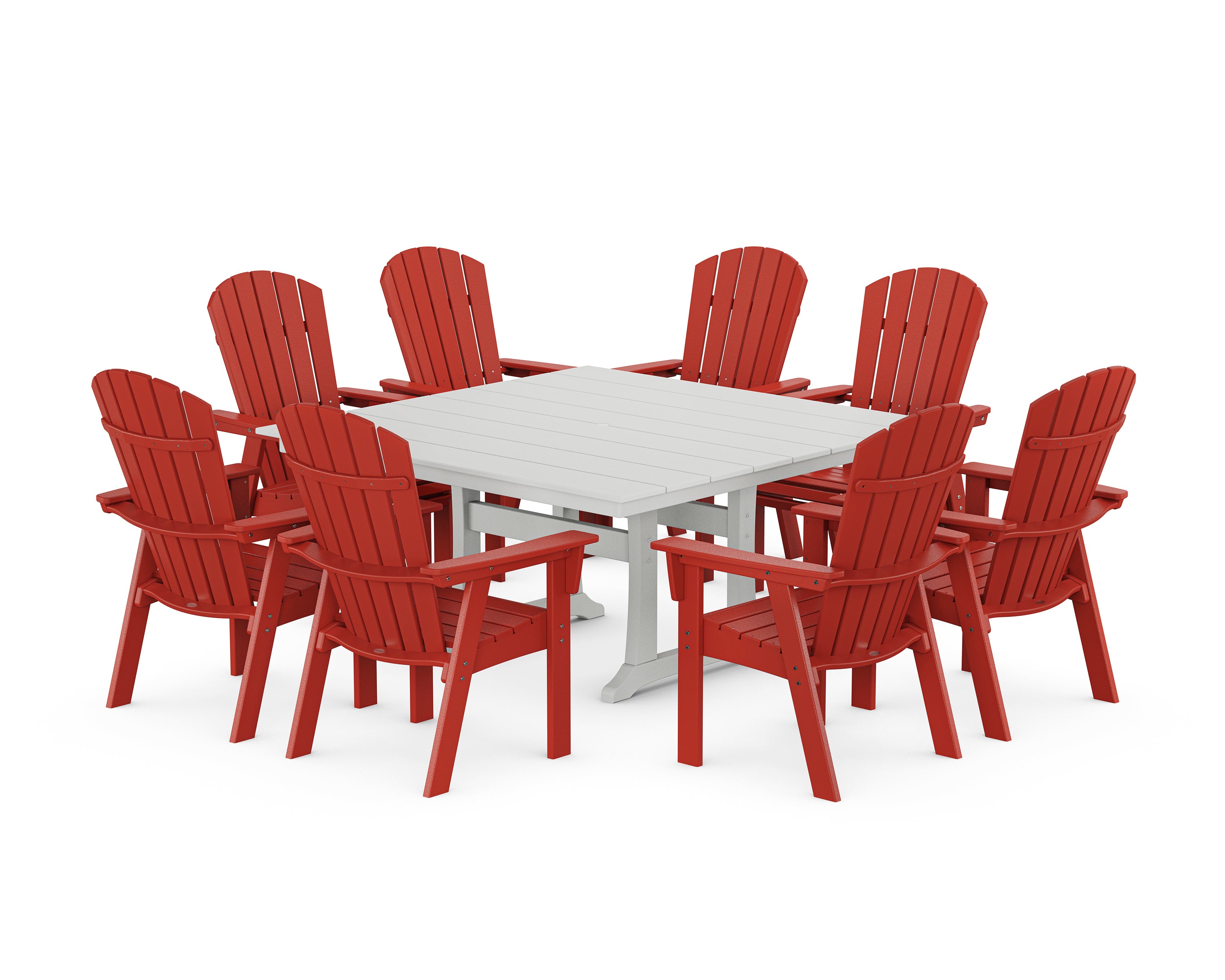 POLYWOOD® Nautical Curveback Adirondack 9-Piece Square Dining Set with Trestle Legs in Sunset Red / White