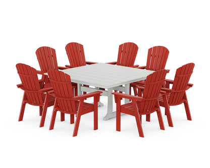 POLYWOOD® Nautical Curveback Adirondack 9-Piece Square Dining Set with Trestle Legs in Sunset Red / White